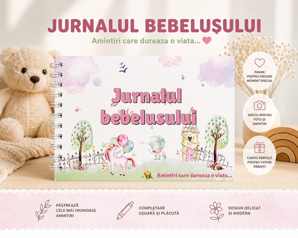 Jurnalul bebelusului, agenda de completat cu amintirile bebelusului din primul an de viata, 78 pagini, coperta roz - imagine 4
