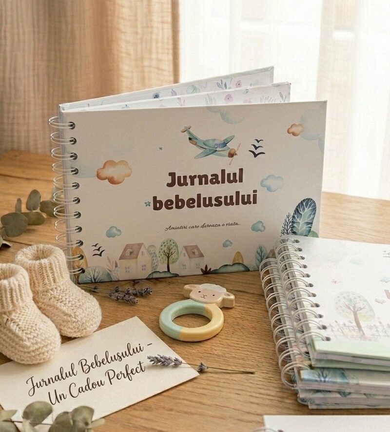Jurnalul bebelusului, agenda de completat cu amintirile bebelusului din primul an de viata, 78 pagini, ediție neutră (avion & trenuleț)