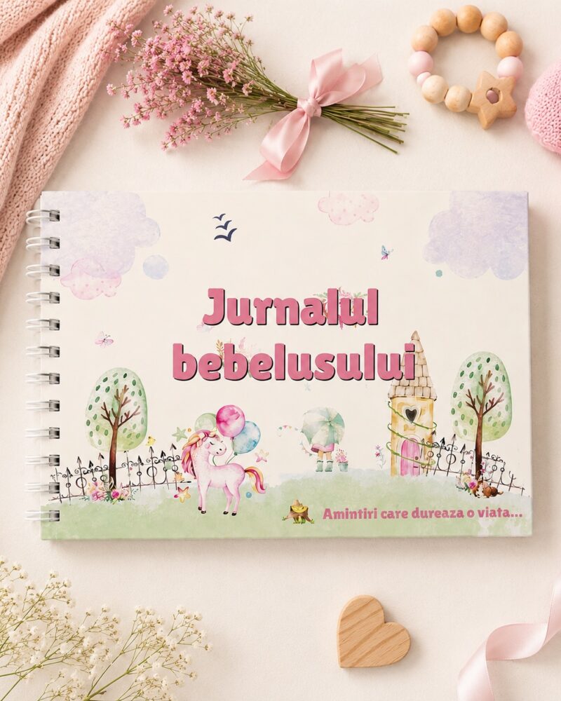 Jurnalul bebelusului, agenda de completat cu amintirile bebelusului din primul an de viata, 78 pagini, coperta roz