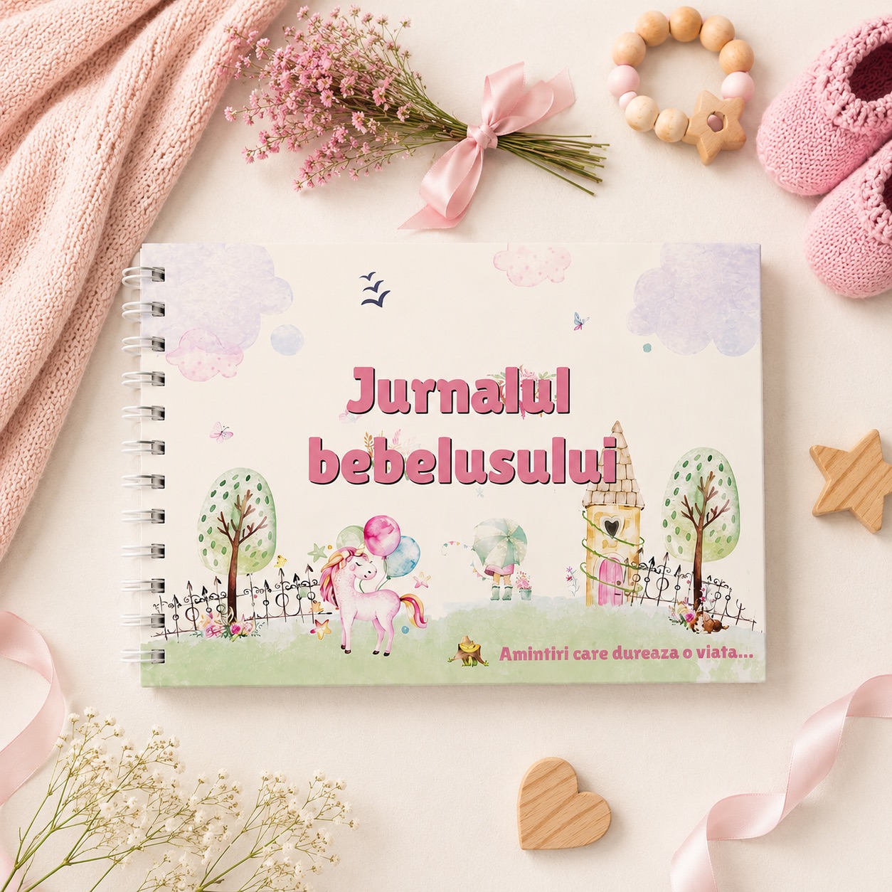 Jurnalul bebelusului, agenda de completat cu amintirile bebelusului din primul an de viata, 78 pagini, coperta roz